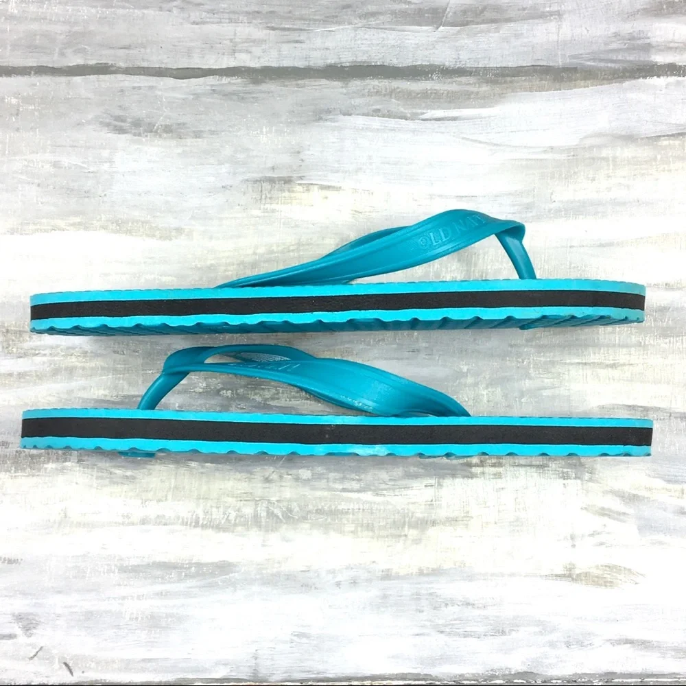 MWOT Old Navy Flip Flops Textured Vinyl Thong Sandals Aqua Teal Blue Black 3/4 Y